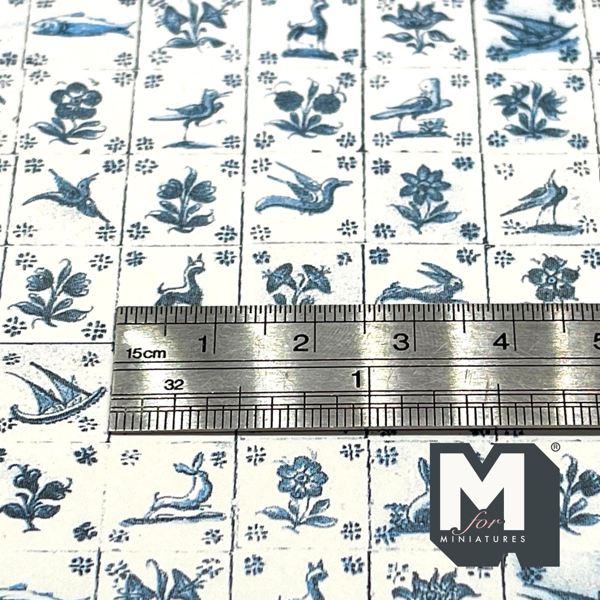 Miniature Early Delft Tile Wallpaper, 1/2 inch Tiles, 19-11/16 x 11-3/4 inch, DIY Dollhouse Supply (blue)