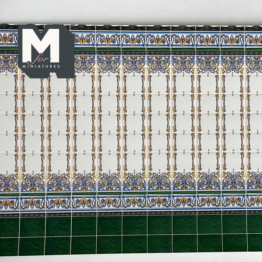 1:12 Scale Miniature Mediterranean Embossed Tile Wall with Green Dado, 17 x 14 Tiles, 10-13/16 x 5-7/8 inch, DIY Dollhouse Supply