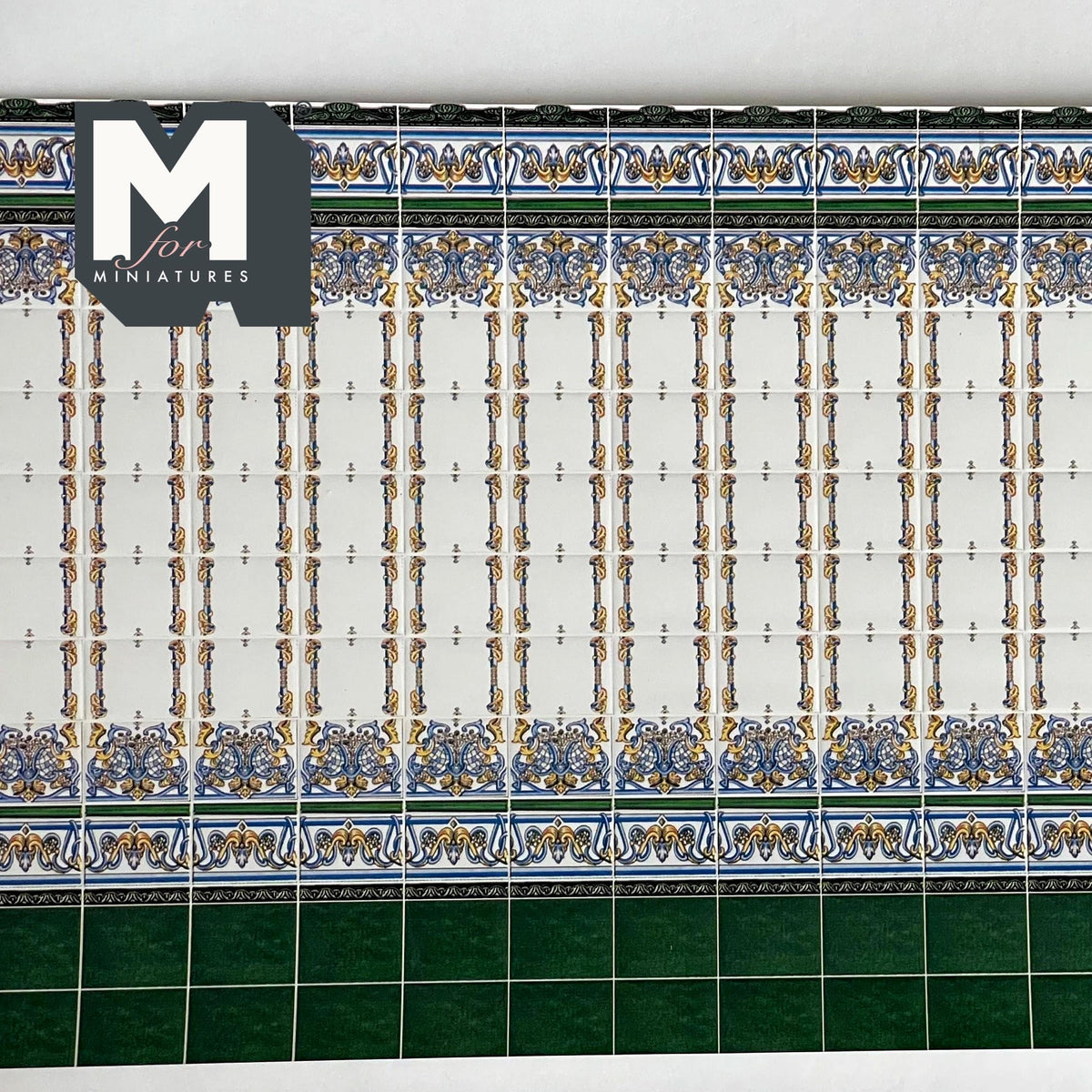 1:12 Scale Miniature Mediterranean Embossed Tile Wall with Green Dado, 17 x 14 Tiles, 10-13/16 x 5-7/8 inch, DIY Dollhouse Supply