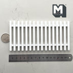 1:12 scale miniature wood picket fence panel in white, shown flat with a ruler and a coin for scale