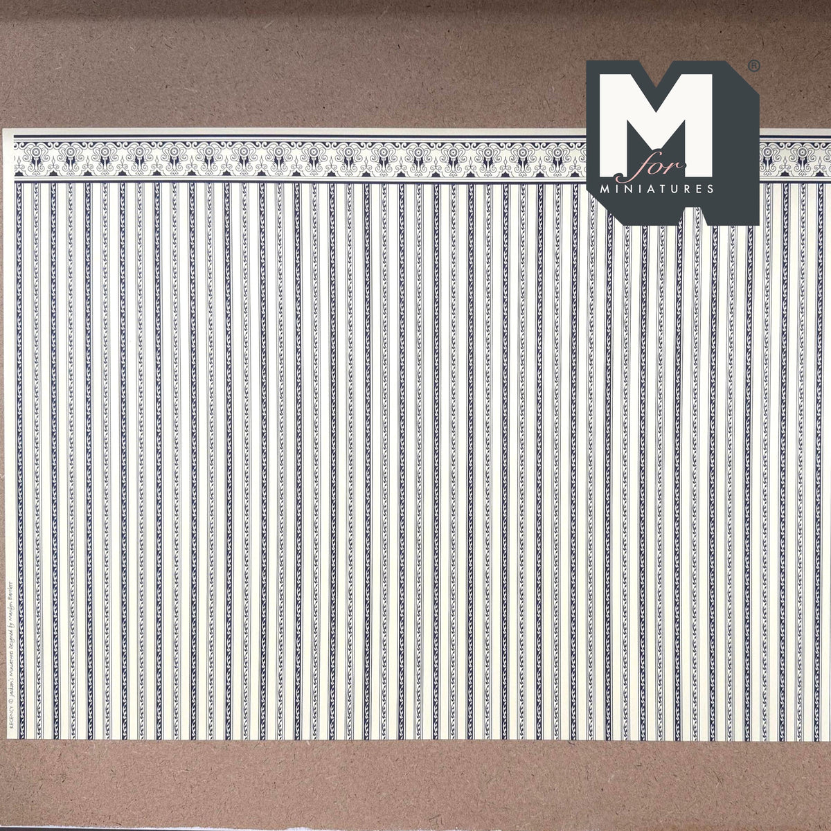 1:12 Scale Miniature Regency Stripe Wallpaper with Printed Border, 16-15/16 x 12 inch, DIY Dollhouse Supply (dark blue)