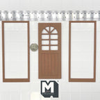 1:12 scale miniature door with arched window and 2 flat frames in brown, plank lower half, shown with a coin and ruler