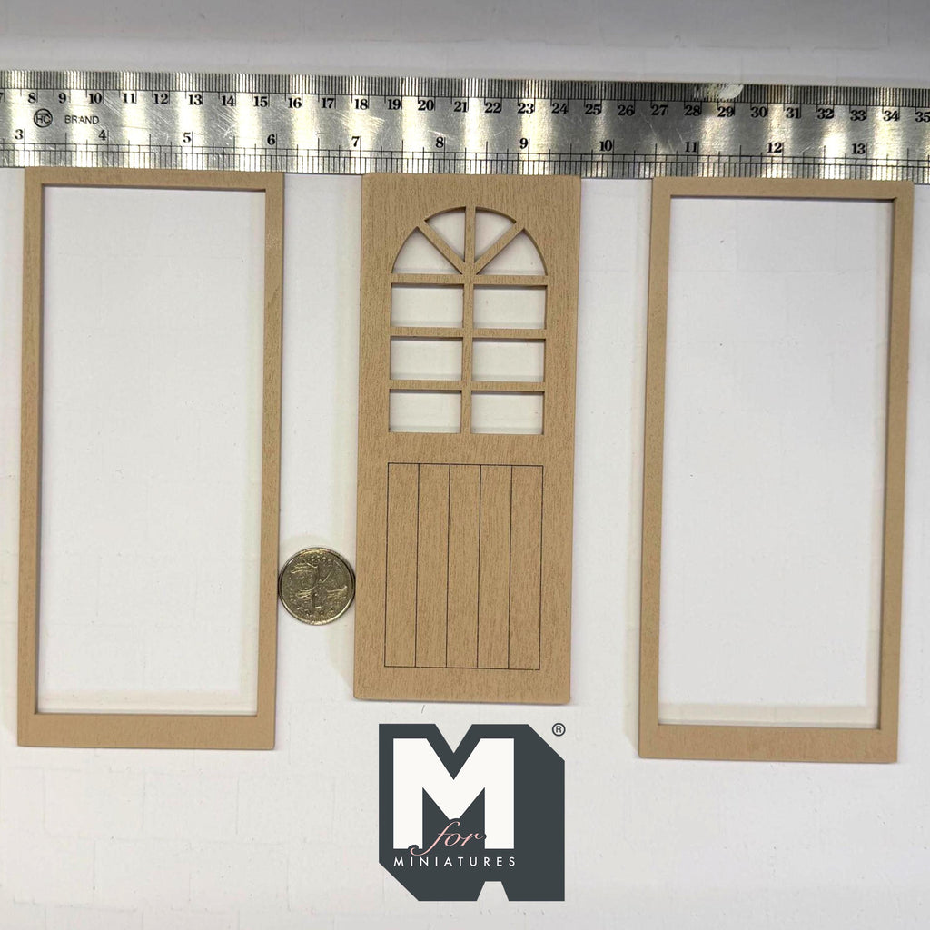 1:12 Scale Miniature Dollhouse Door with Arched Window and 2 Flat Frames, 6-7/8 inch high Dollhouse Supply (beige)