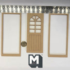 1:12 scale miniature door with arched window and 2 flat frames in beige, plank lower half, shown with a coin and ruler