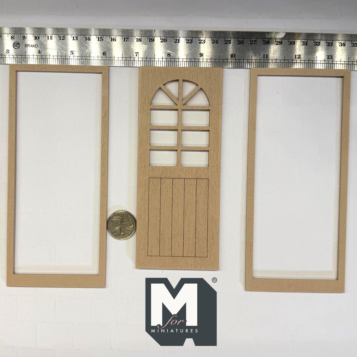 1:12 Scale Miniature Dollhouse Door with Arched Window and 2 Flat Frames, 6-7/8 inch high Dollhouse Supply (beige)