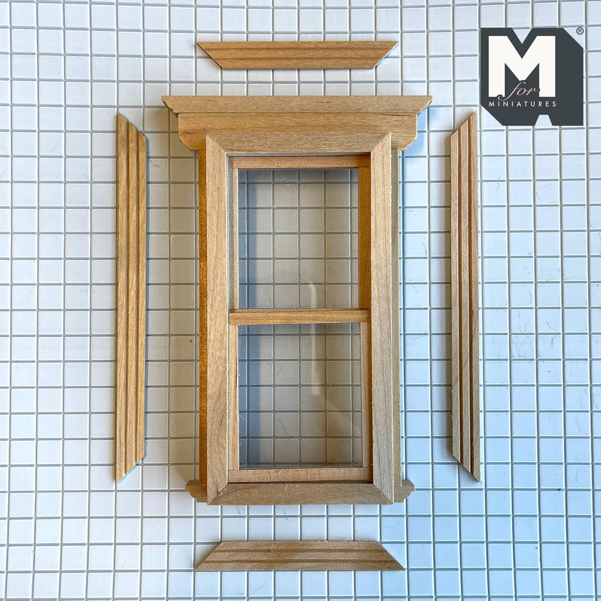 1:12 Scale Miniature Double Hung Window with Dentil Pediment and Back Trim, 5-11/16 inch high Dollhouse Supply
