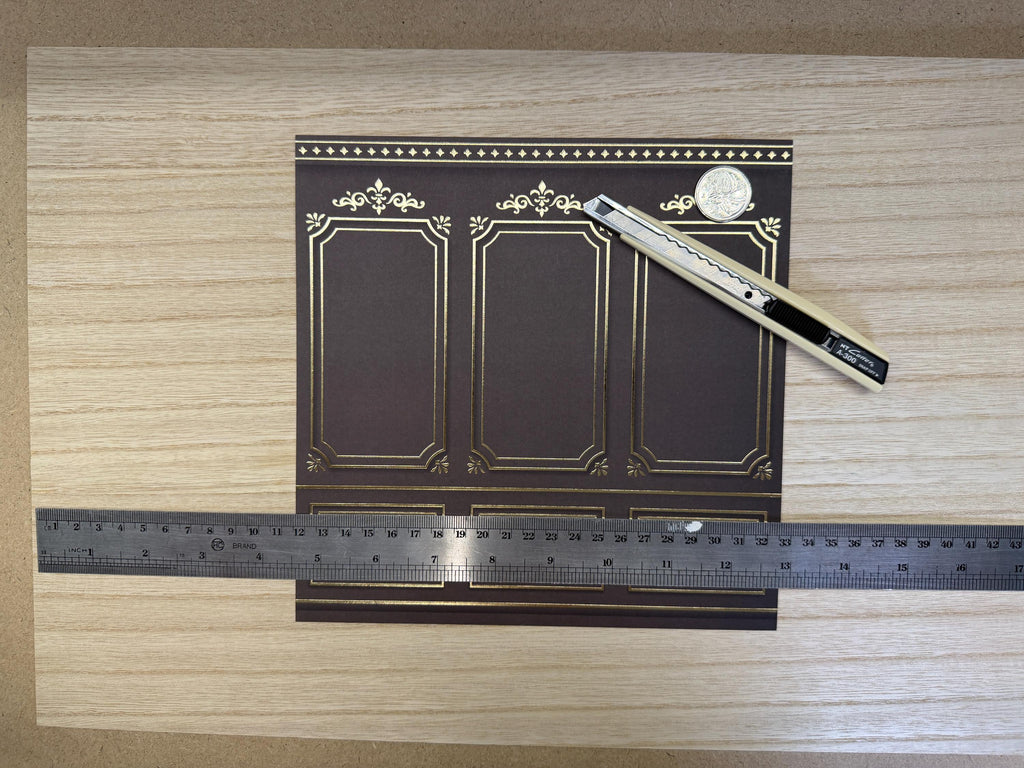 1:12 Scale Embossed Boiserie Wallpaper with Gold Foil Panels, 8-1/4 inch square, DIY Dollhouse Supply (not self-adhesive) (charcoal)