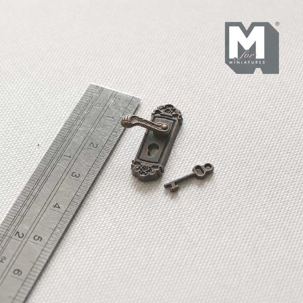 1:12 Scale Miniature Antique Bronze Dollhouse Door Lever with Key, 15/16 inch tall (left)