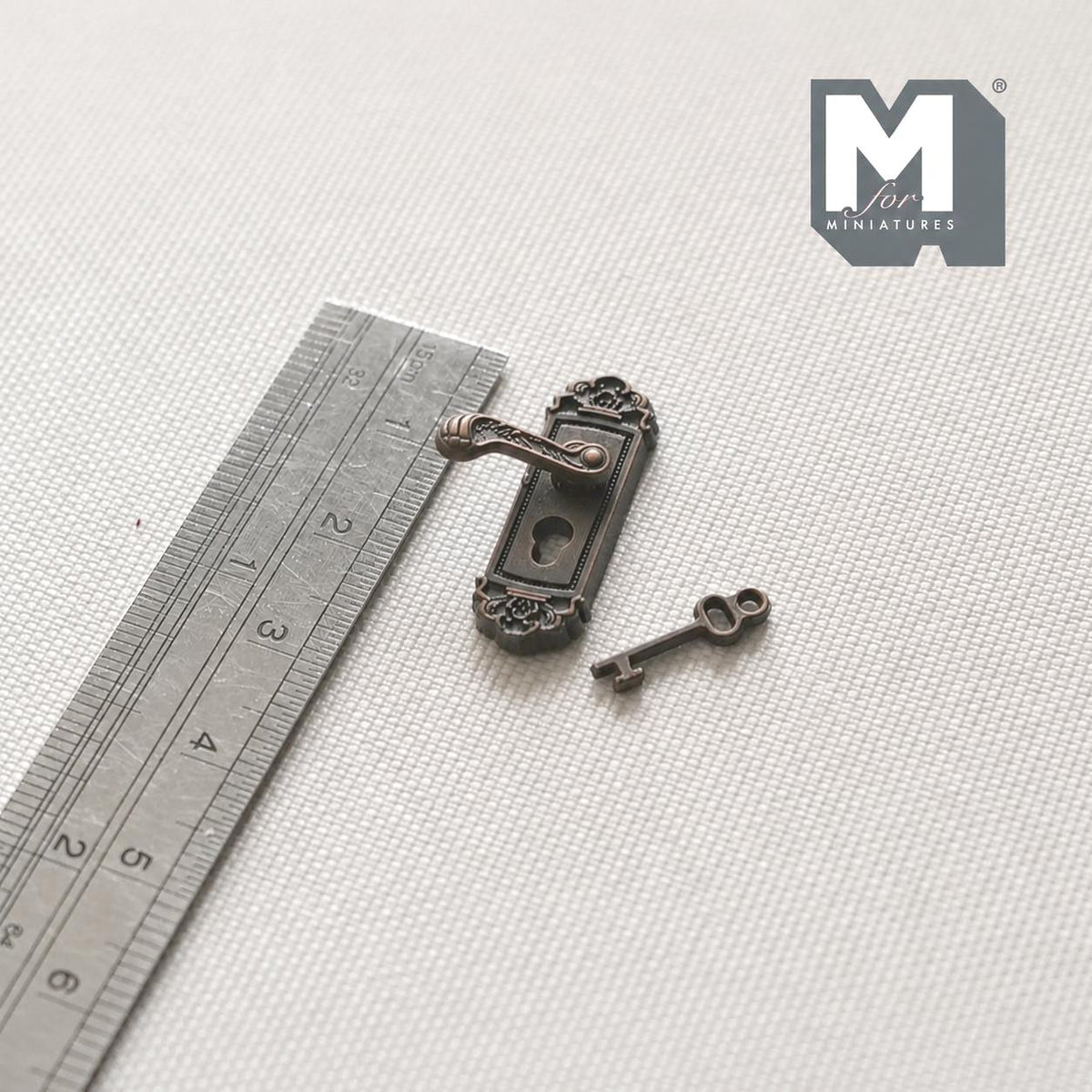 1:12 Scale Miniature Antique Bronze Dollhouse Door Lever with Key, 15/16 inch tall (left)