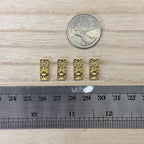 1:12 scale miniature knobs with embossed rectangular backplates in brass, set of 4, shown with a coin and a ruler