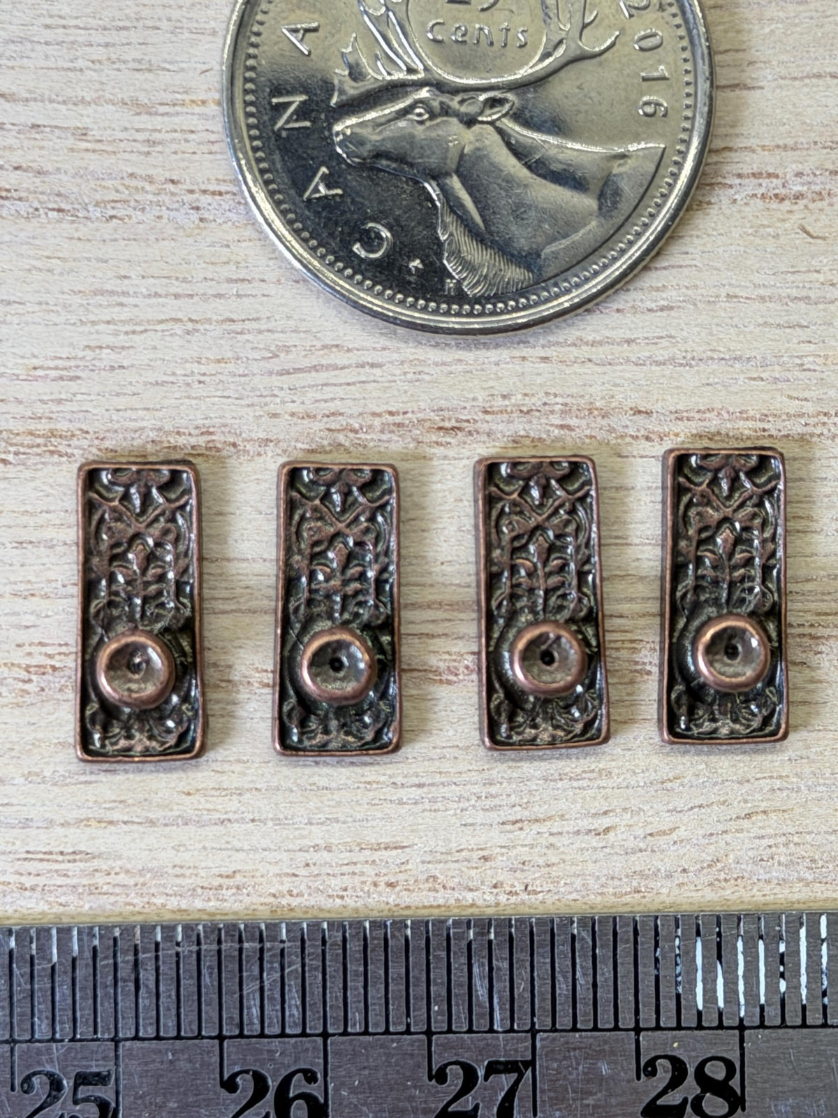 1:12 Scale Miniature Knobs with Embossed Rectangular Backplates, Set of 4, 9/16 inch tall, DIY Dollhouse Supply (antique copper)