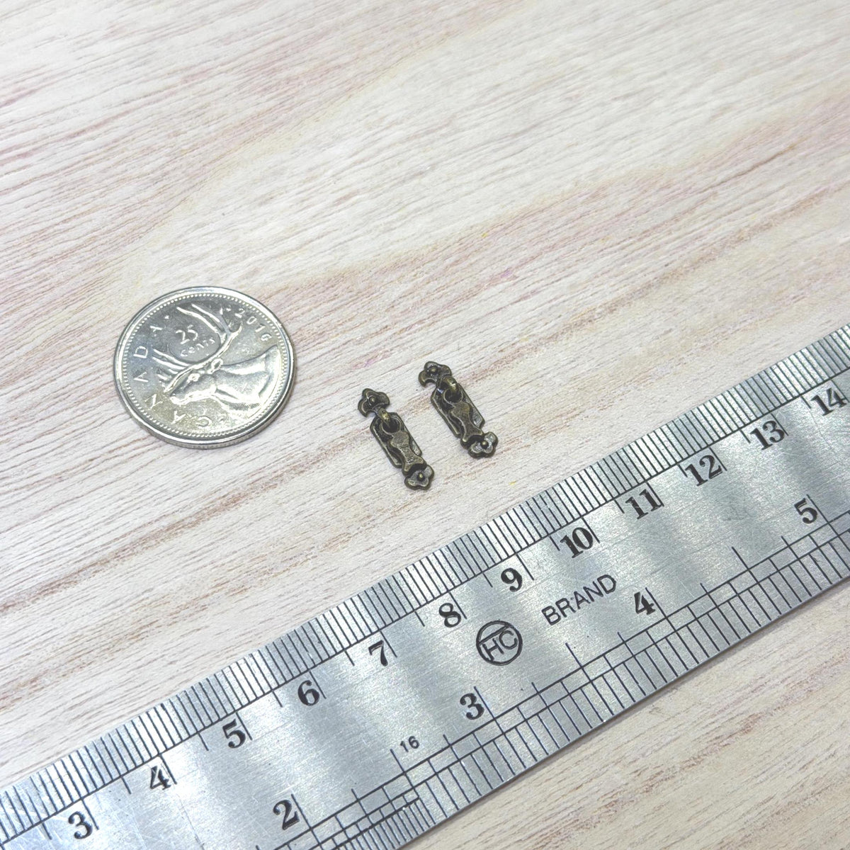 1:12 Scale Miniature Drop Pulls with Backplates, Set of 2, 5/8 inch tall, DIY Dollhouse Supply (antique brass)