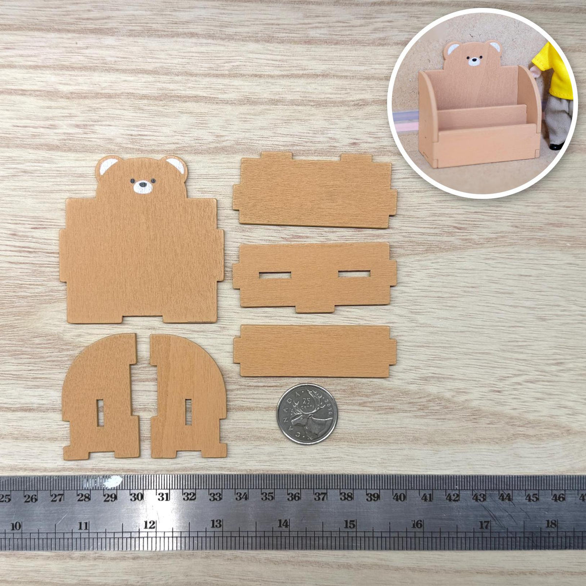 1:12 Scale Miniature Wood Bear 2 Tier Bookshelf Kit, Unassembled, 2-7/16 inch wide, DIY Dollhouse Supply (brown)