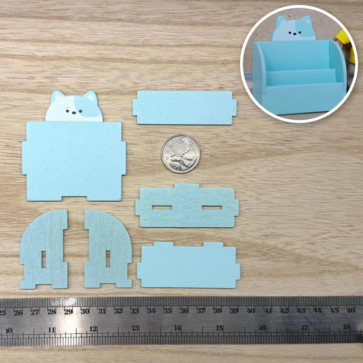 1:12 Scale Miniature Wood Cat 2 Tier Bookshelf Kit, Unassembled, 2-7/16 inch wide, DIY Dollhouse Supply (light blue)