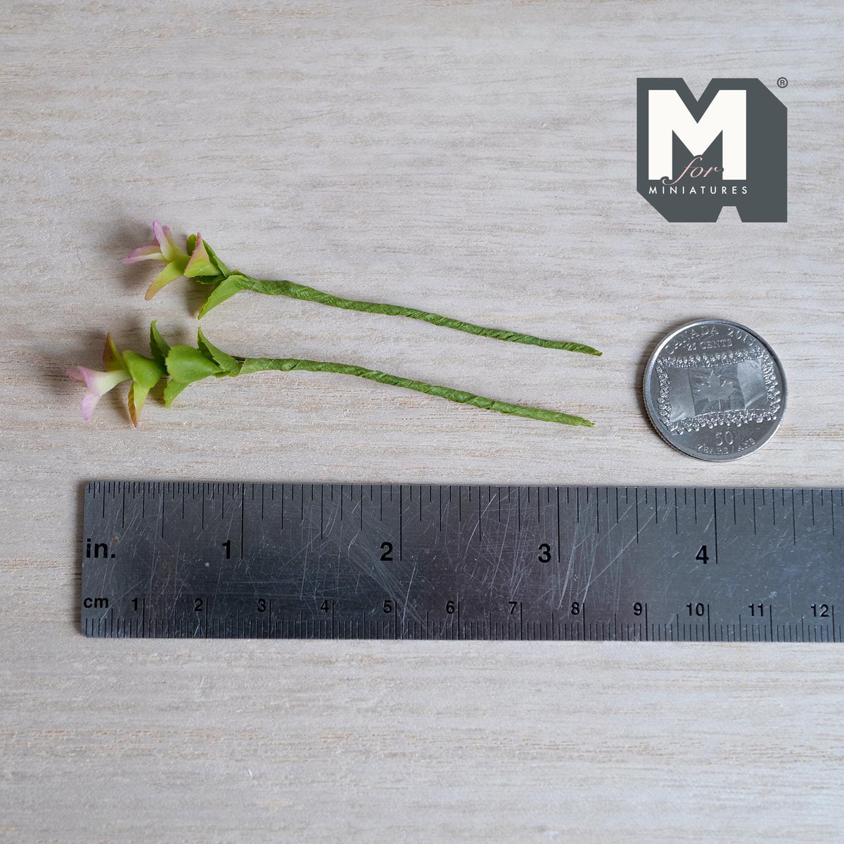 1:12 scale miniature plant stems with layered green leaves topped with soft pink and cream tipped leaves