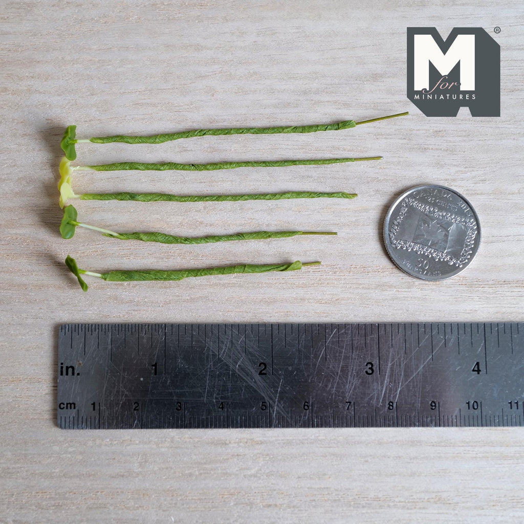 1:12 scale miniature dark green heart shaped leaf plant stems with one pale yellow green leaf, on green wrapped stems