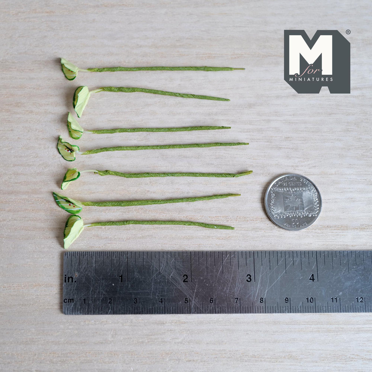 1:12 scale miniature variegated leaf plant stems, pale yellow green leaves with dark green edges and red markings along the center vein