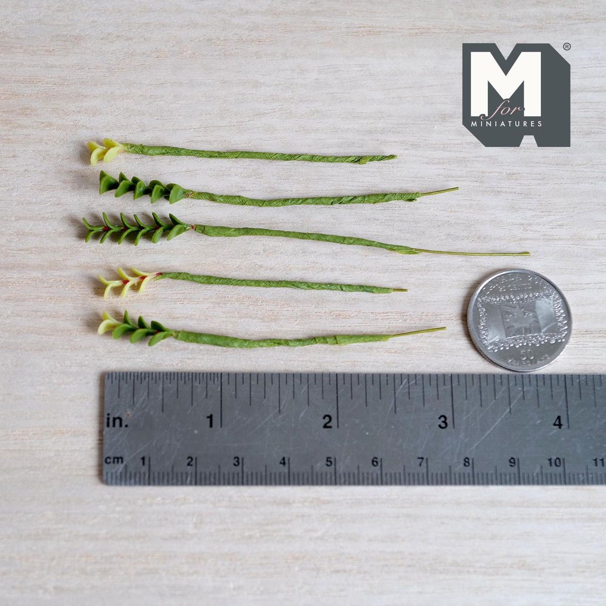 1:12 scale miniature green leaf plant stems with small paired leaves, some with yellow green tips, on green wrapped stems