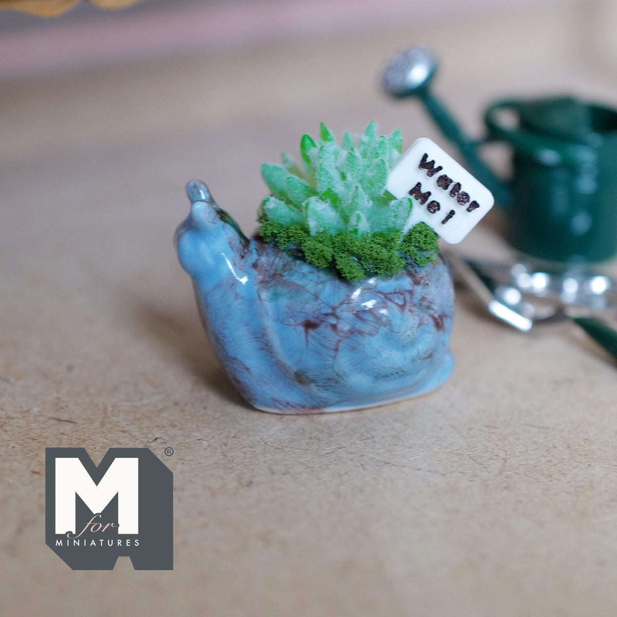1:12 Scale Miniature Ceramic Snail Planter with Succulent and Water Me Sign, 7/8 inch tall, DIY Dollhouse Supply (blue)