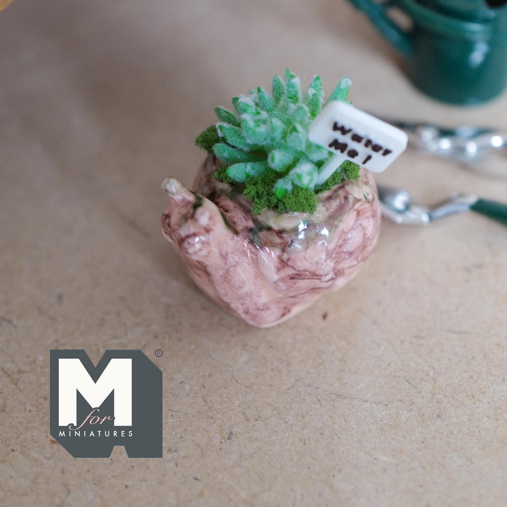 1:12 Scale Miniature Ceramic Snail Planter with Succulent and Water Me Sign, 7/8 inch tall, DIY Dollhouse Supply (orange)