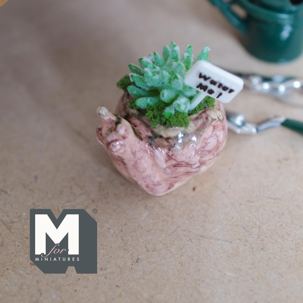 1:12 Scale Miniature Ceramic Snail Planter with Succulent and Water Me Sign, 7/8 inch tall, DIY Dollhouse Supply (orange)