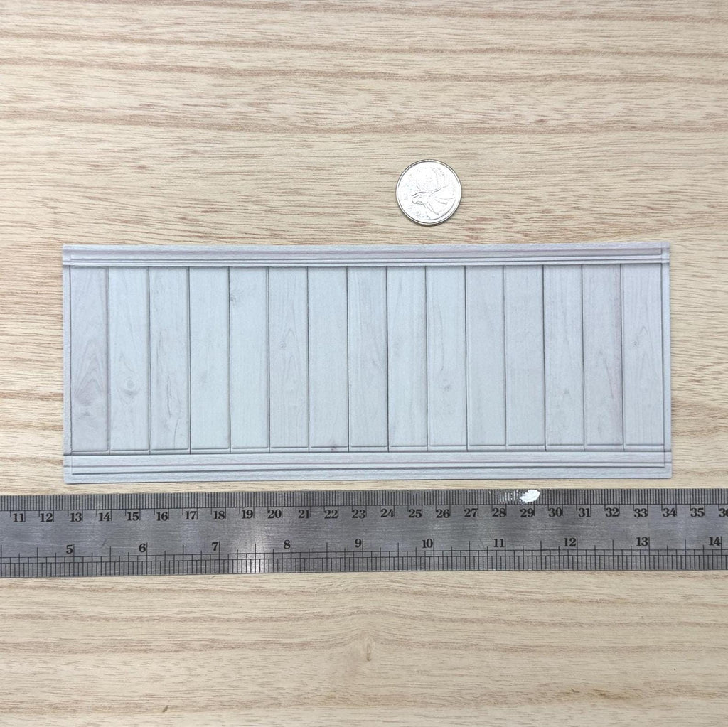 1:12 scale miniature light gray foamboard wainscot panel with embossed vertical planks, wood grain and thin top and bottom rails