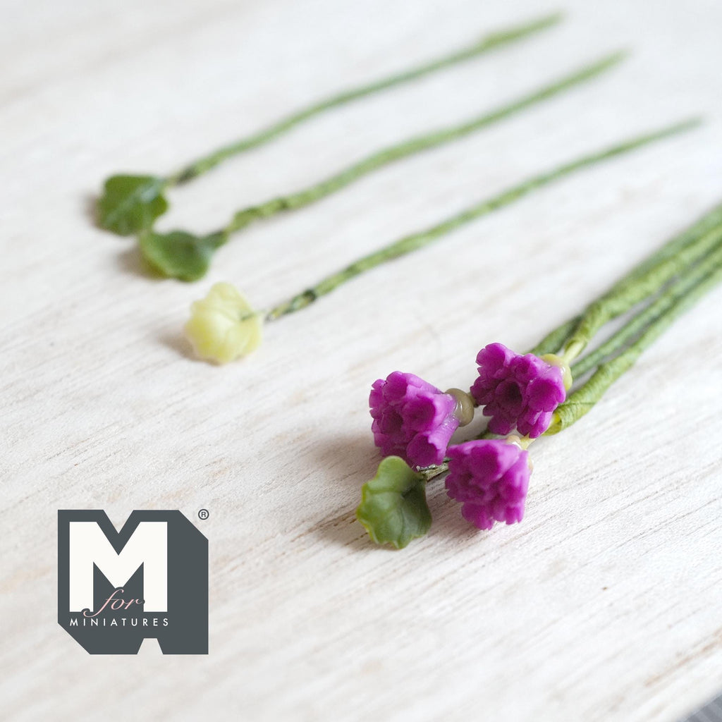 1:12 Scale Miniature Purple Carnation Flower Stems with Leaves, Set of 7, up to 2-5/8 inch long, DIY Dollhouse Supply