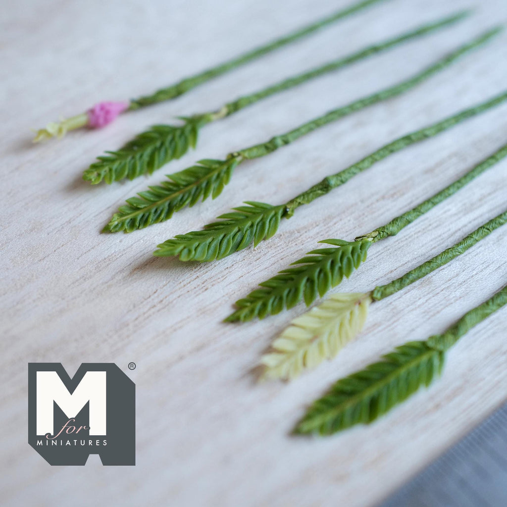 1:12 Scale Miniature Fern Leaf Plant Stems with Pink Bud, Set of 7, up to 2-3/4 inch long, DIY Dollhouse Supply