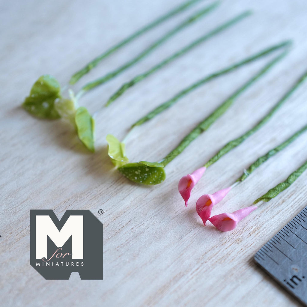 1:12 Scale Miniature Pink Calla Lily Flower Stems with Leaves, Set of 8, 2-3/4 inch long, DIY Dollhouse Supply