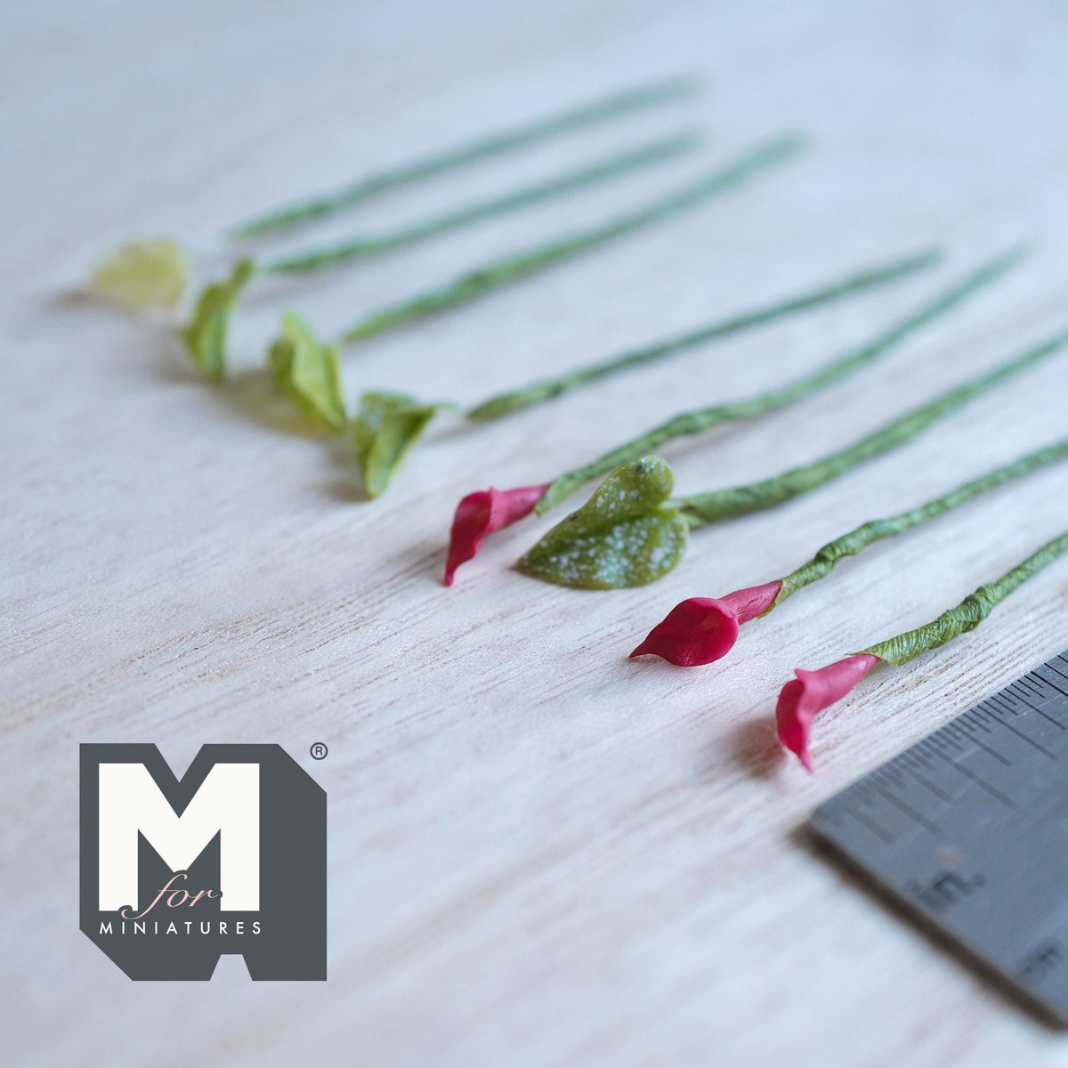 1:12 Scale Miniature Red Calla Lily Flower Stems with Leaves, Set of 8, up to 2-3/4 inch long, DIY Dollhouse Supply