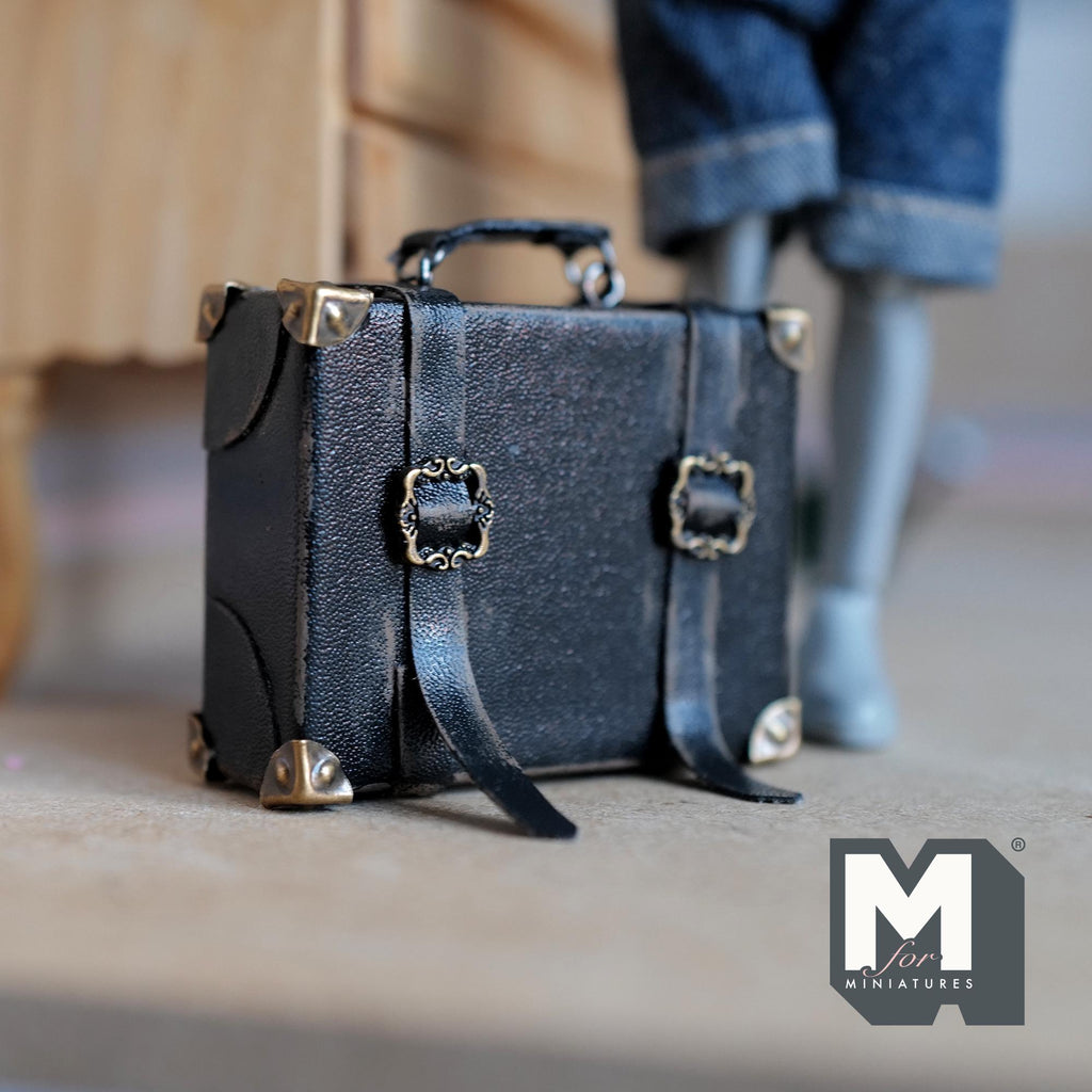 1:12 Scale Miniature Distressed Faux Leather Suitcase with Buckle Straps, 1-7/8 inch wide, Dollhouse Decor (black) (non opening)