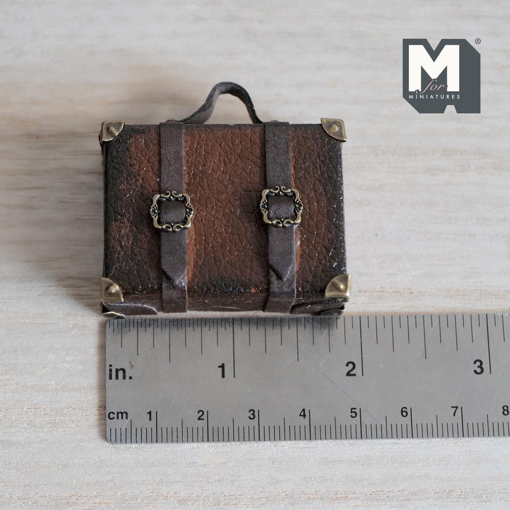 1:12 Scale Miniature Distressed Faux Leather Suitcase with Buckle Straps, 1-7/8 inch wide, Dollhouse Decor (brown) (non opening)