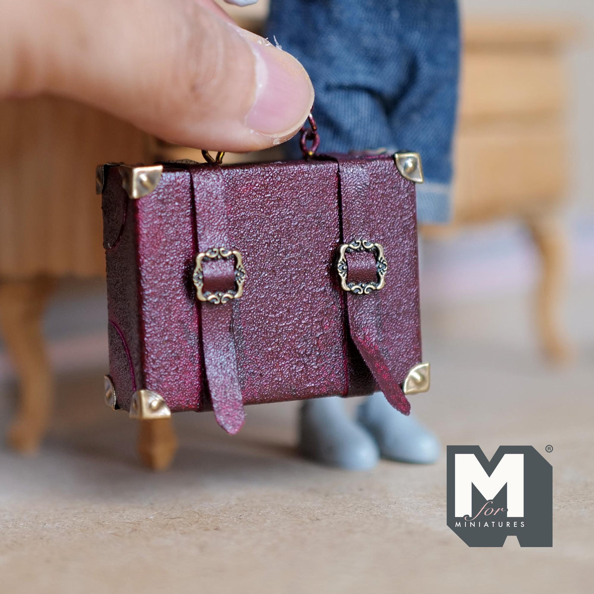1:12 Scale Miniature Distressed Faux Leather Suitcase with Buckle Straps, 1-7/8 inch wide, Dollhouse Decor (burgundy) (non opening)