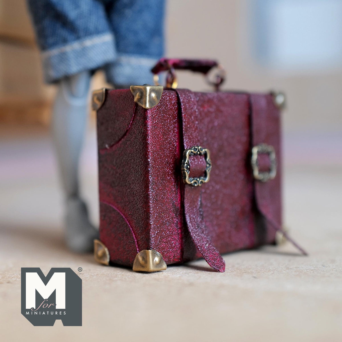 1:12 Scale Miniature Distressed Faux Leather Suitcase with Buckle Straps, 1-7/8 inch wide, Dollhouse Decor (burgundy) (non opening)