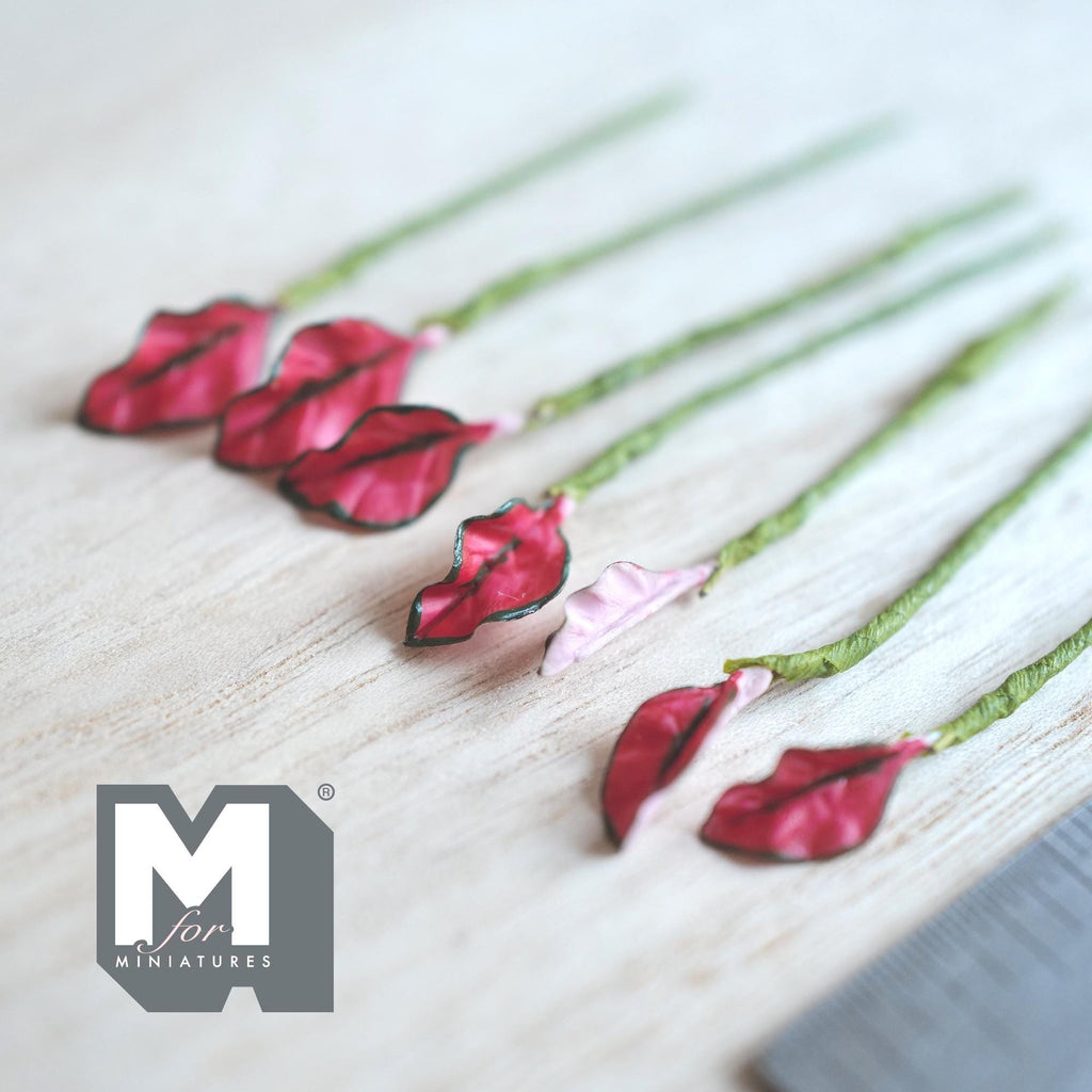 1:12 Scale Miniature Green Edged Red Leaf Plant Stems, Set of 7, up to 2-3/4 inch long, DIY Dollhouse Supply