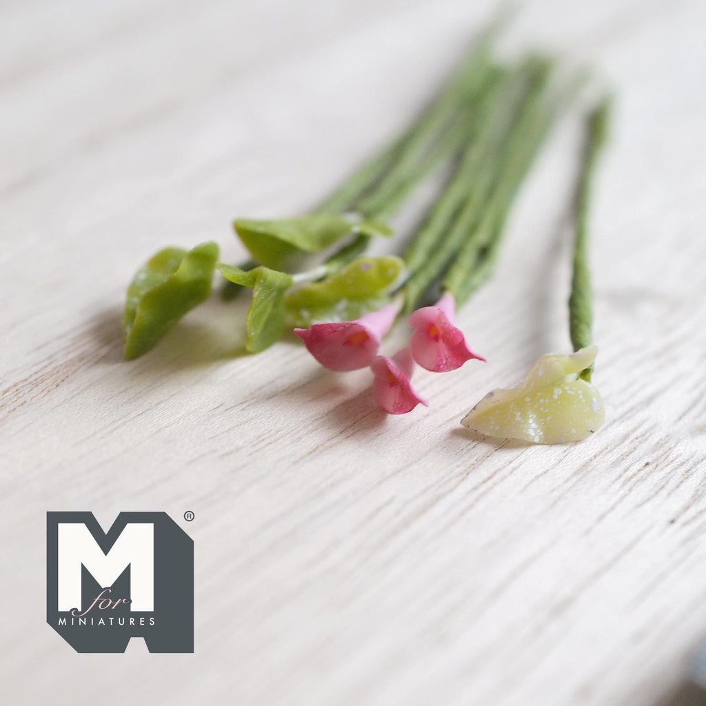 1:12 Scale Miniature Pink Calla Lily Flower Stems with Leaves, Set of 8, up to 2-15/16 inch long, DIY Dollhouse Supply