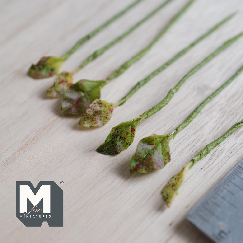 1:12 Scale Miniature Red Speckled Leaf Plant Stems, Set of 7, up to 3-1/8 inch long, DIY Dollhouse Supply