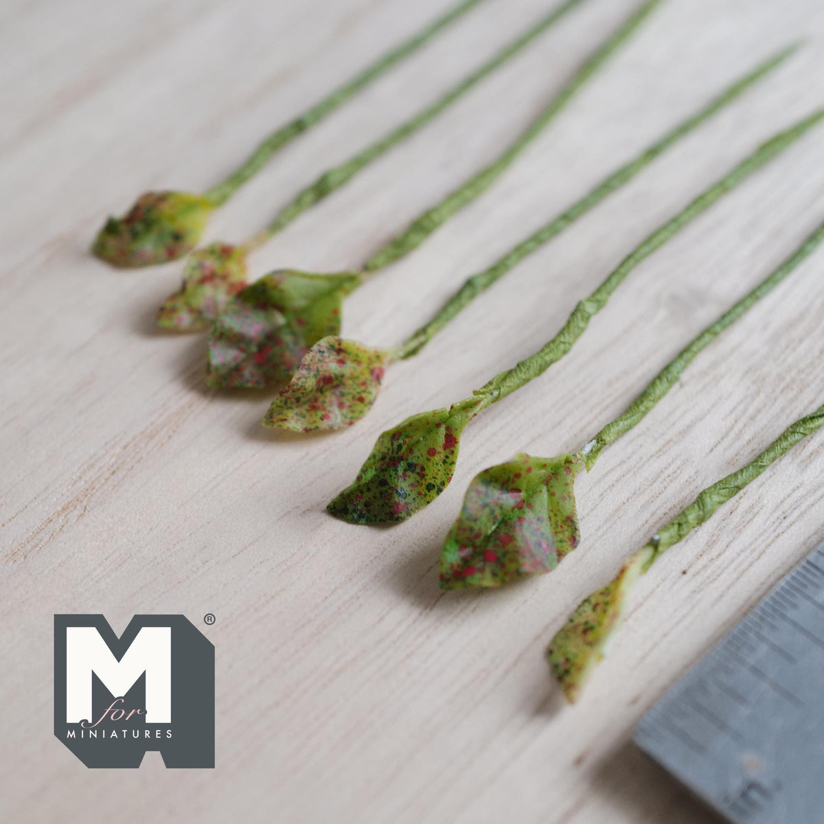 1:12 Scale Miniature Red Speckled Leaf Plant Stems, Set of 7, up to 3-1/8 inch long, DIY Dollhouse Supply