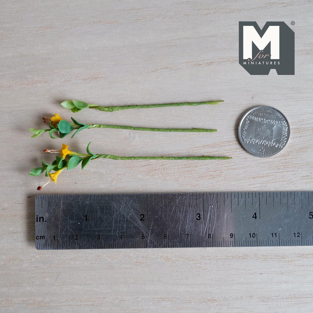1:12 scale miniature yellow azalea flower stems with long stamens and green leaves on green wrapped stems