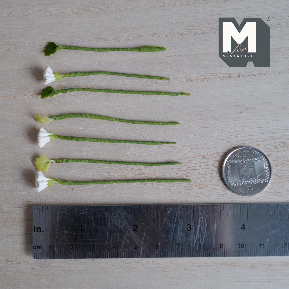 1:12 scale miniature white carnation flower stems with pale green buds and leaf stems on green wrapped stems