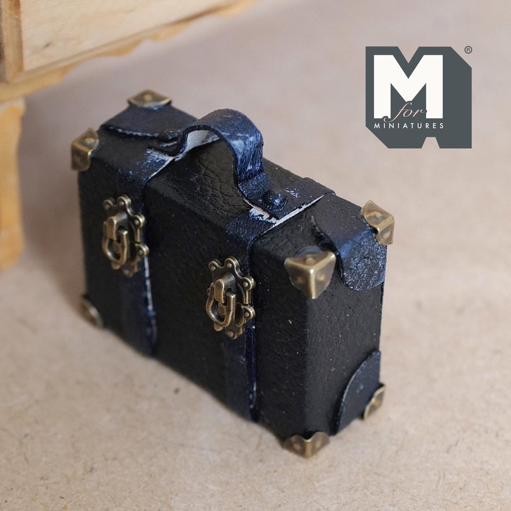 1:12 Scale Miniature Aged Faux Leather Suitcase, Latch Clasps, 8 Corner Caps, 1-7/8 inch wide, Dollhouse Decor (navy) (non opening)