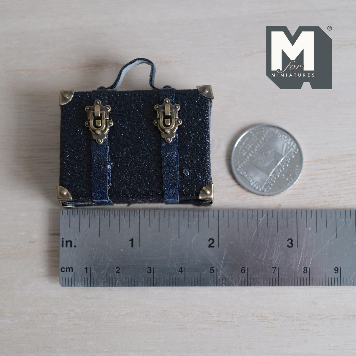 1:12 Scale Miniature Aged Faux Leather Suitcase, Latch Clasps, 8 Corner Caps, 1-7/8 inch wide, Dollhouse Decor (navy) (non opening)