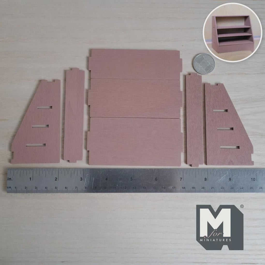 Unassembled 1:12 scale miniature 4 tier stepped display shelf kit in dusty pink wood, laid flat beside a ruler and coin, with an inset of the assembled shelf