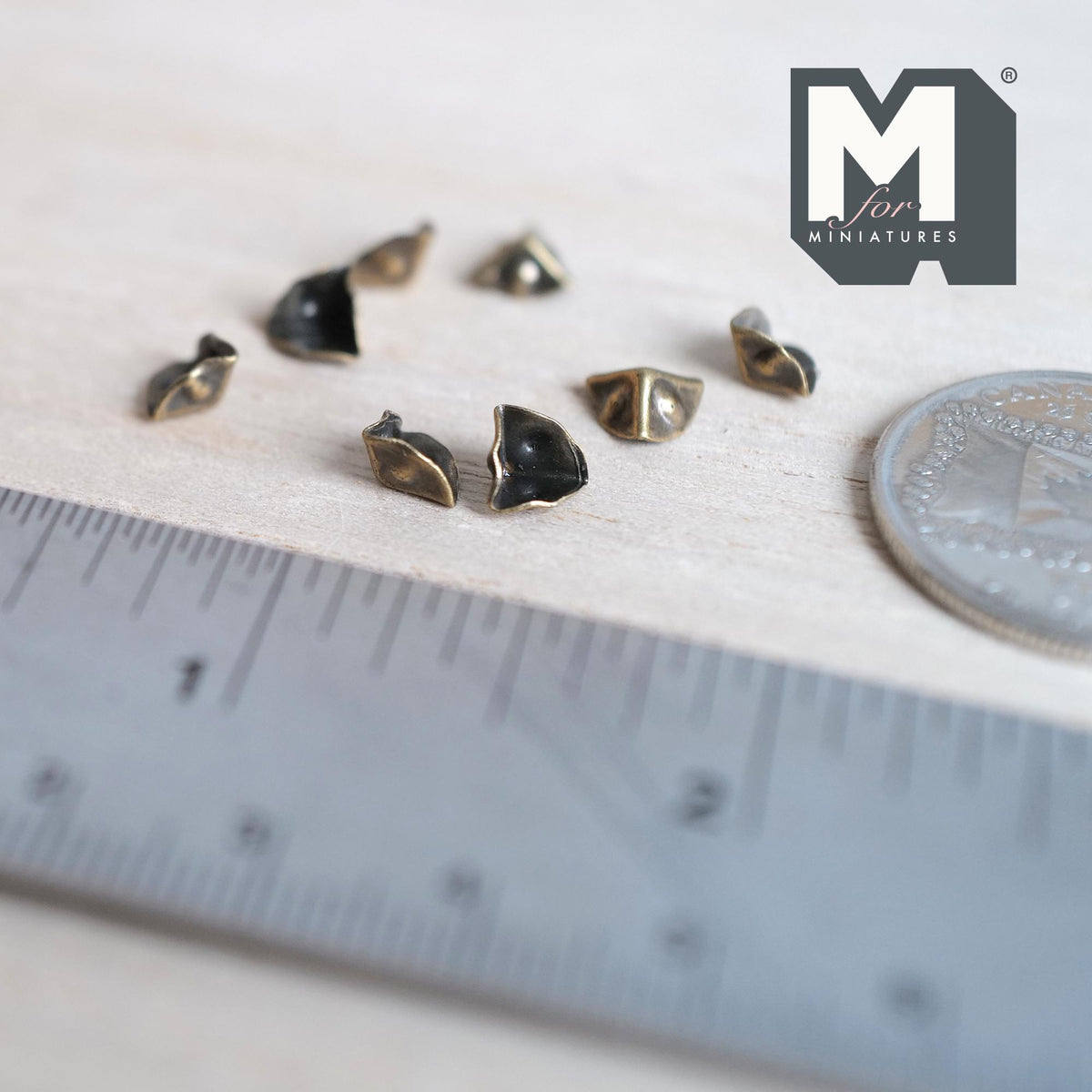 1:12 Scale Miniature Box Corner Caps, Set of 8, 3/16 inch tall, DIY Dollhouse Supply (antique brass)