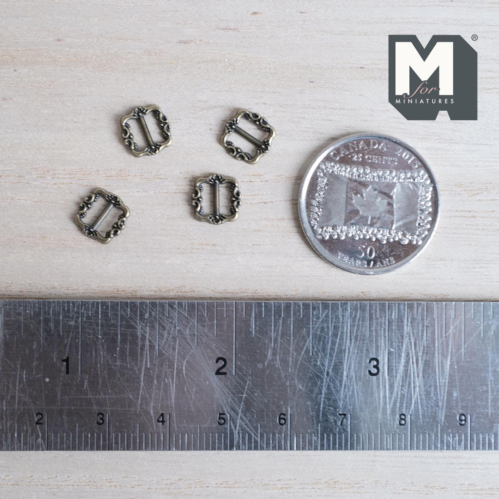 1:12 scale miniature antique brass ornate slide buckles, set of 4, square frames with scrolled edges and a center bar