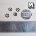 1:12 scale miniature antique brass ornate slide buckles, set of 4, square frames with scrolled edges and a center bar