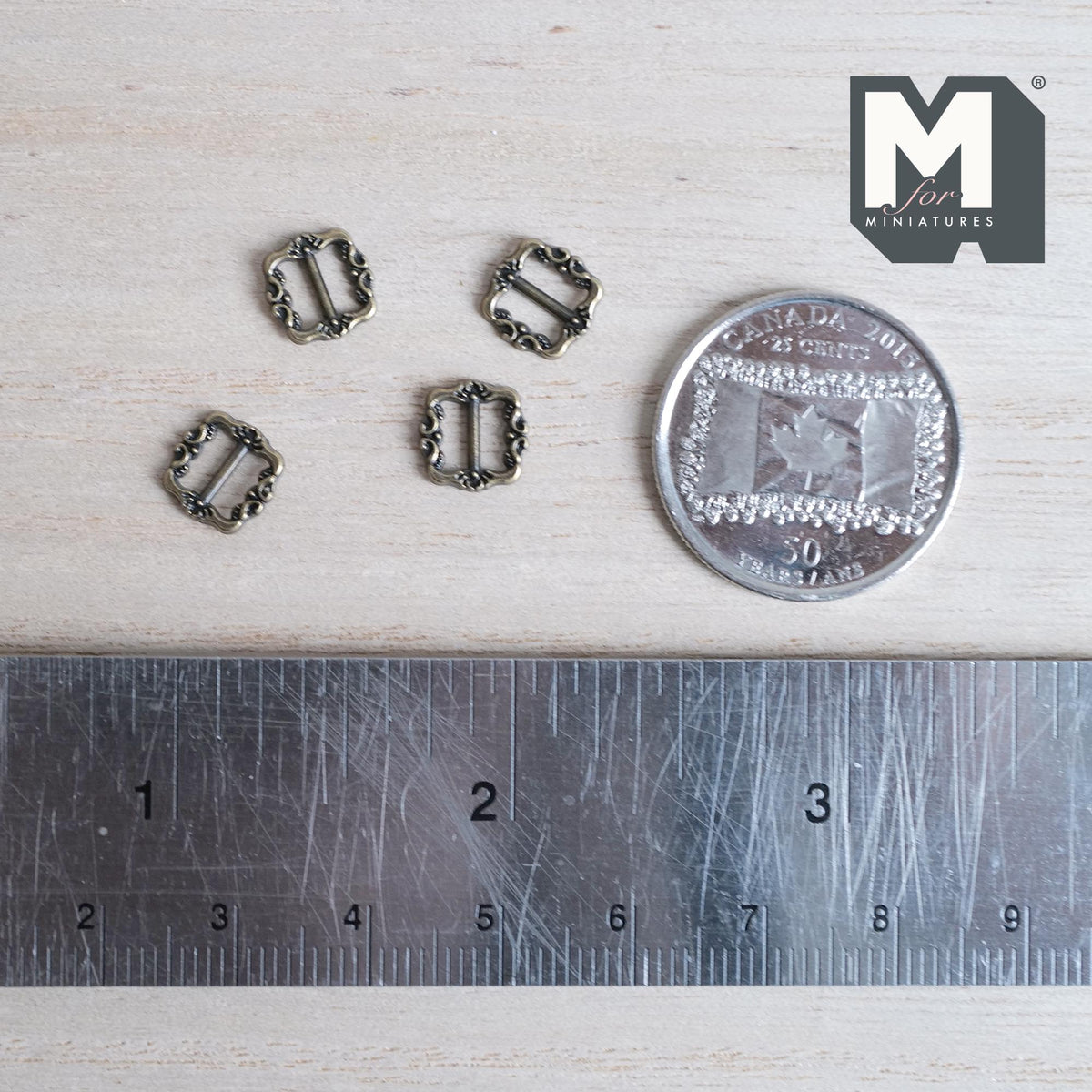 1:12 scale miniature antique brass ornate slide buckles, set of 4, square frames with scrolled edges and a center bar