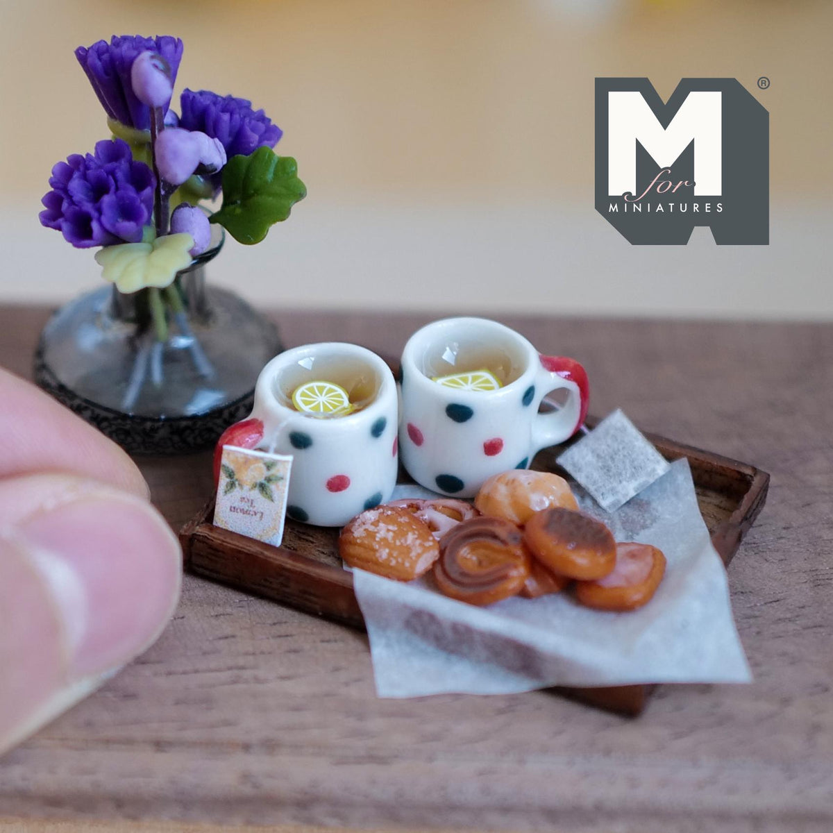 1:12 Scale Miniature Lemon Tea Tray Set with 2 Mugs and Cookies, 1-5/8 inch long, Dollhouse Decor (red and green polka dot)