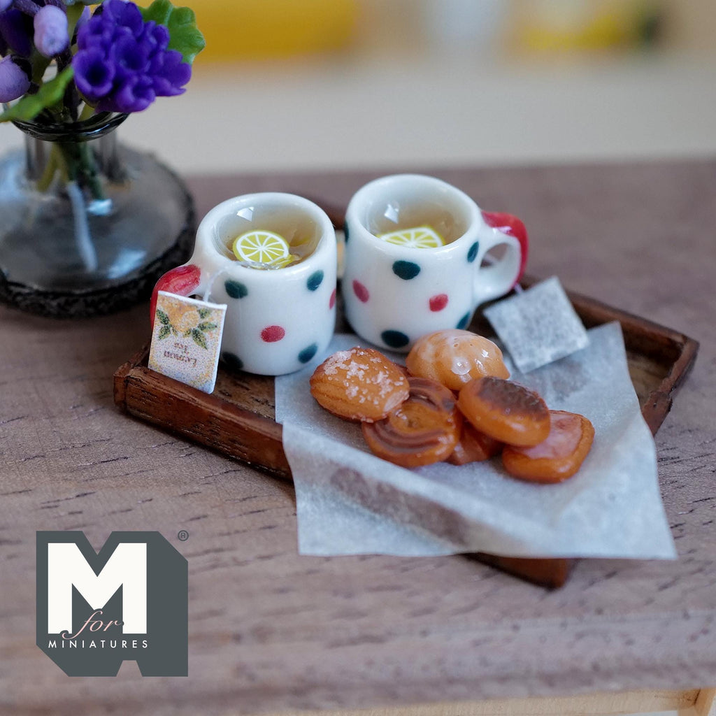 1:12 Scale Miniature Lemon Tea Tray Set with 2 Mugs and Cookies, 1-5/8 inch long, Dollhouse Decor (red and green polka dot)