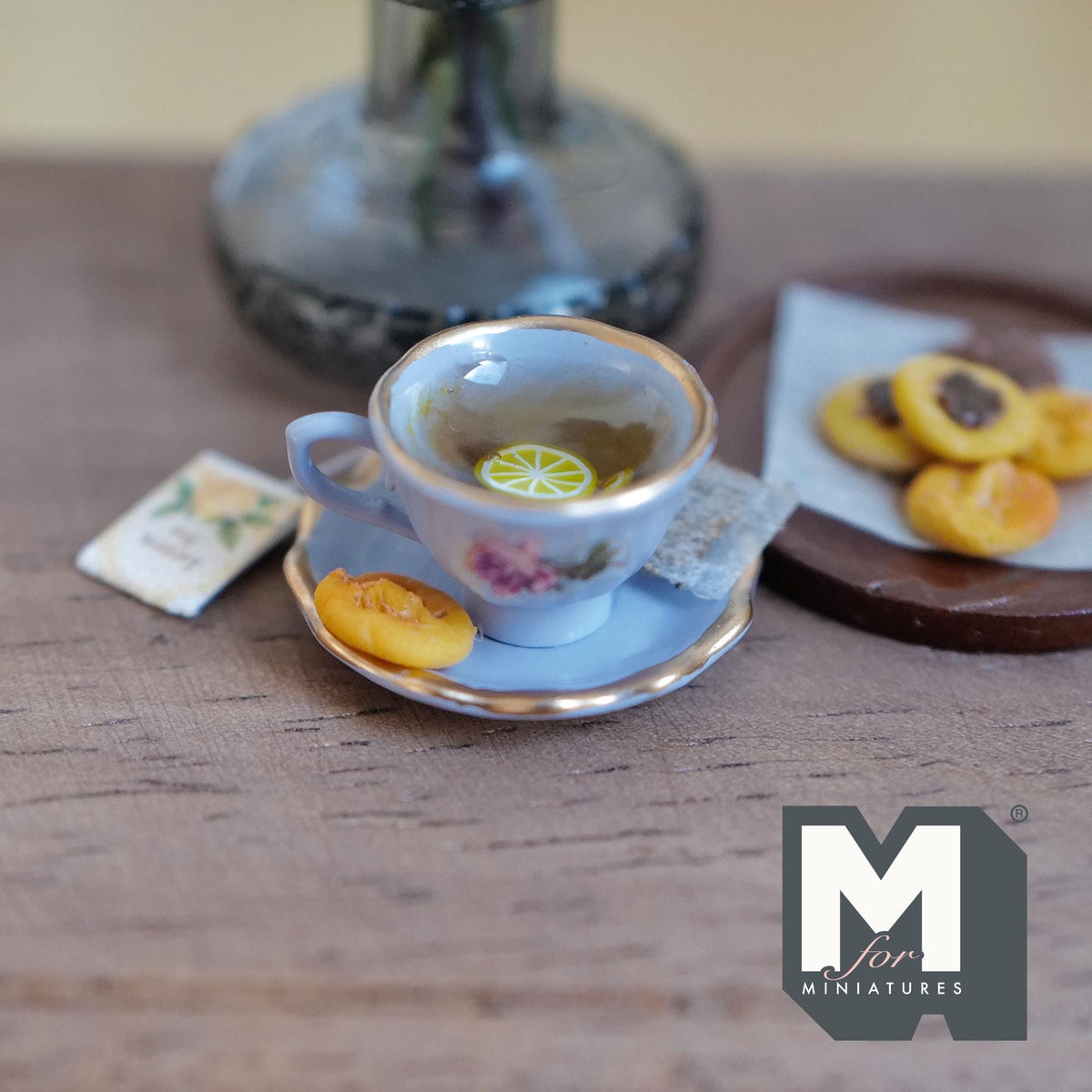 1:12 Scale Miniature Lemon Tea Cup and Saucer with Cookie, 3/4 inch dia., Dollhouse Decor (purple)